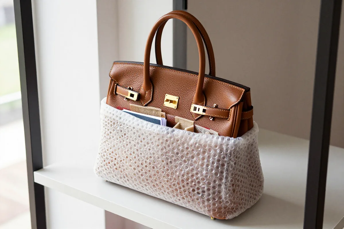 Stylowa skórzana torebka z wypełniaczem na półce, odpowiednia ochrona torebek.