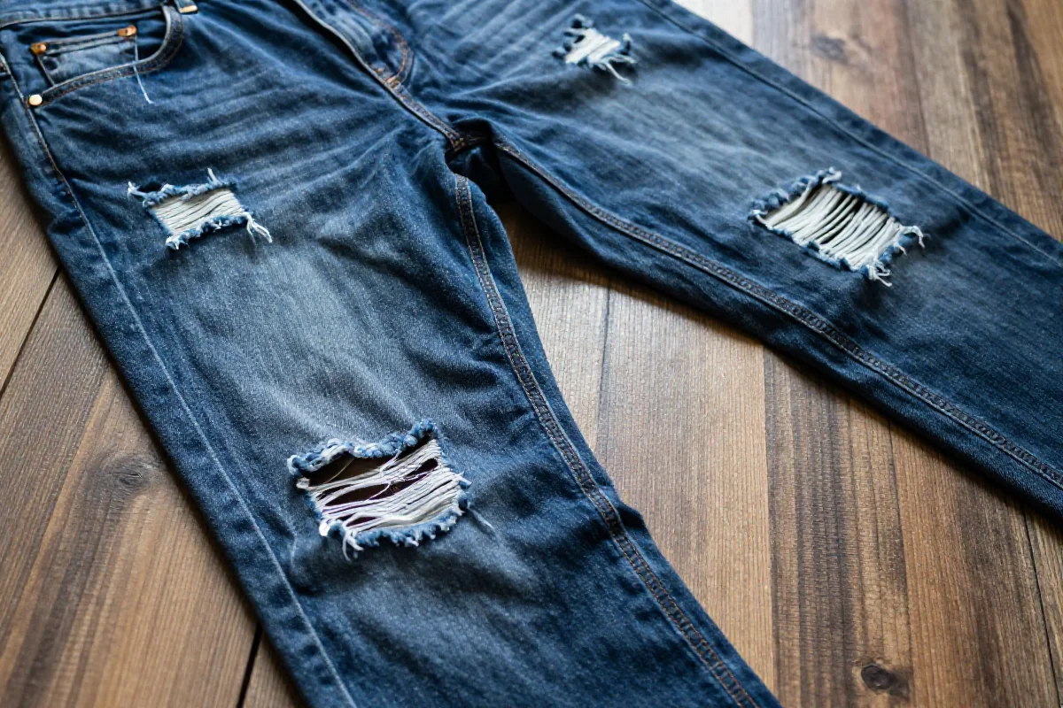 Zbliżenie na postrzępione dżinsy z efektami distressing w naturalnym świetle.