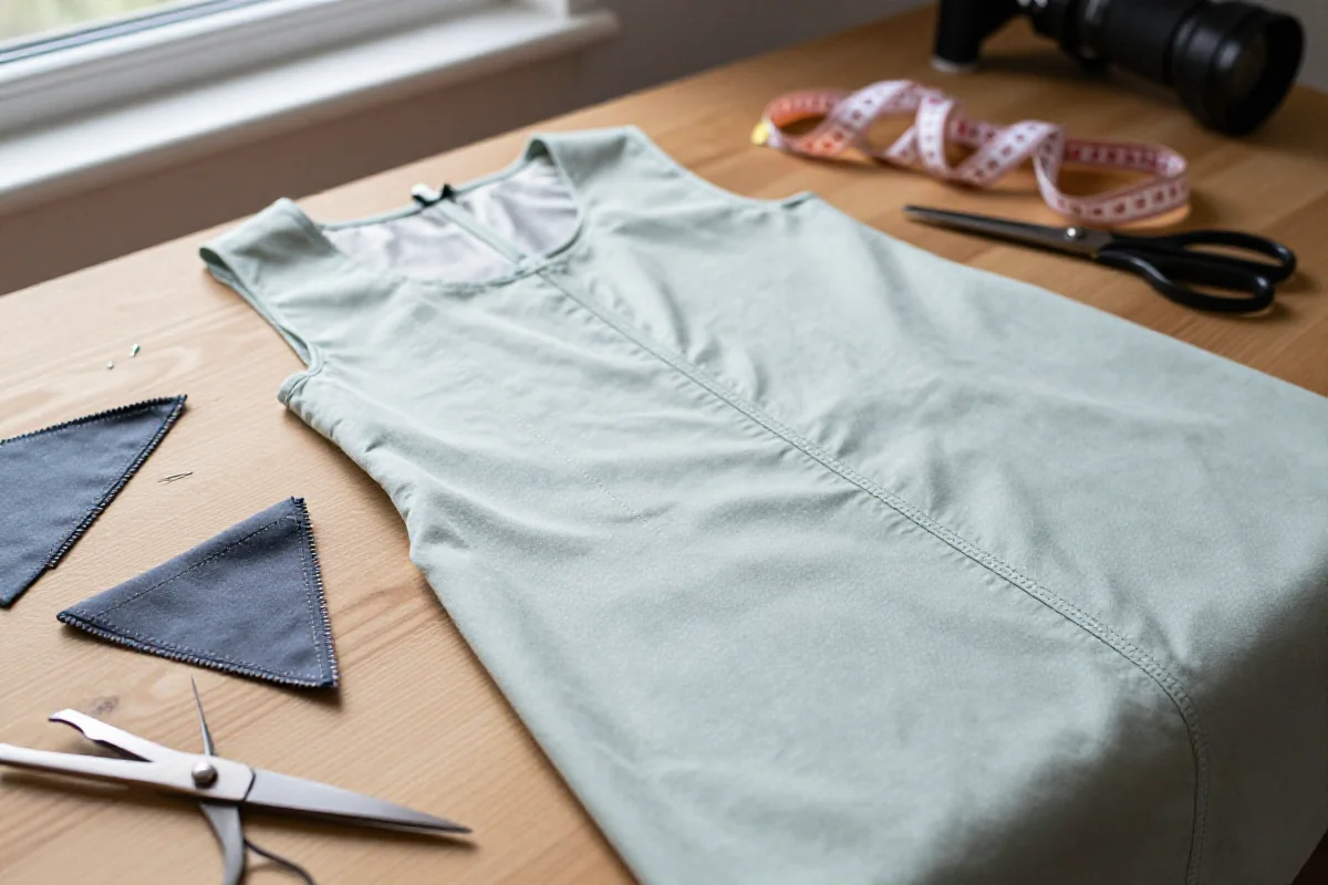 Zbliżenie na warsztat krawiecki z materiałami do przeróbek odzieży.