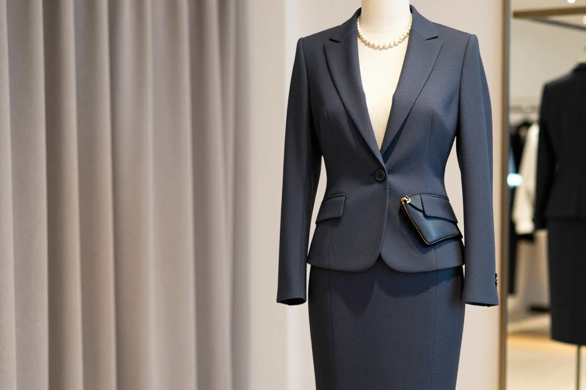 Klasyczna elegancja: elegancki zestaw z marynarką i spódnicą w butiku.