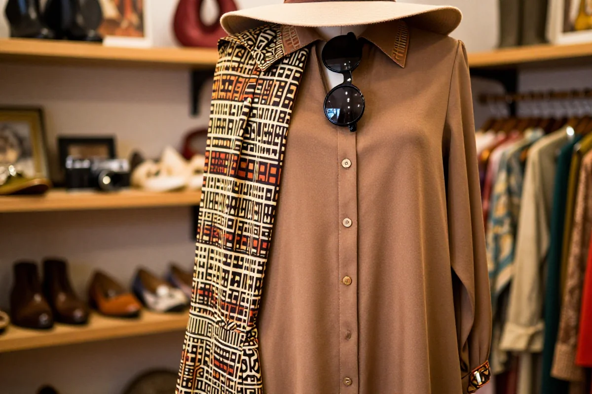 Stylizacja lat 70. z dzwonami, maxi sukienką i akcesoriami w stylu vintage.