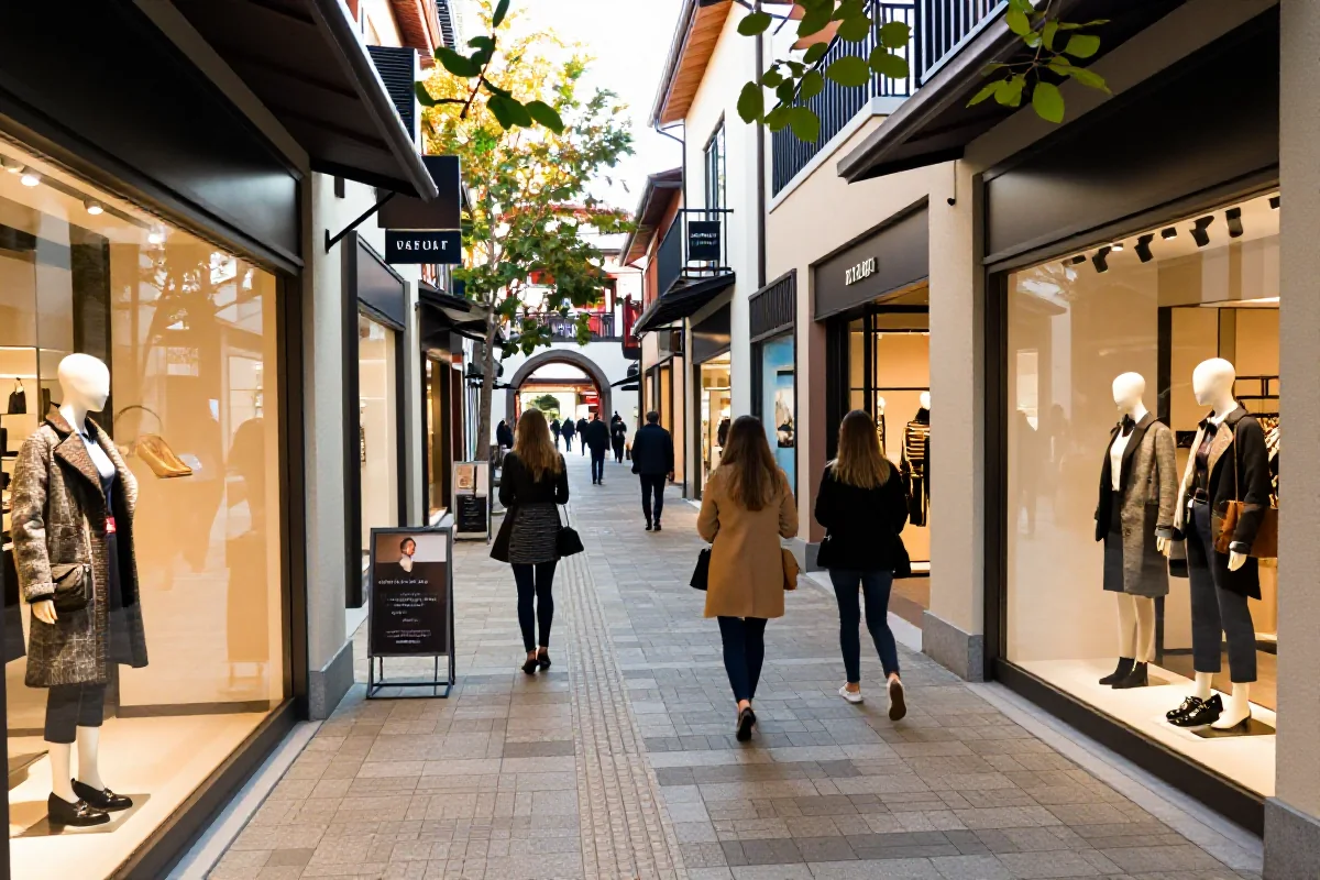 Wioska outletowa z modnymi ubraniami i akcesoriami w Europie