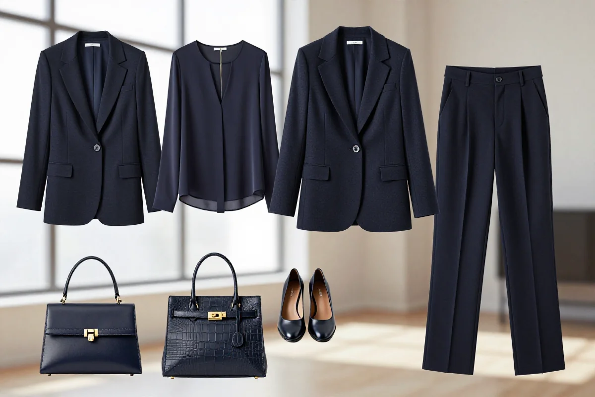 Stworzona stylizacja monochromatyczna w odcieniach granatu, eleganckie ubrania i dodatki.