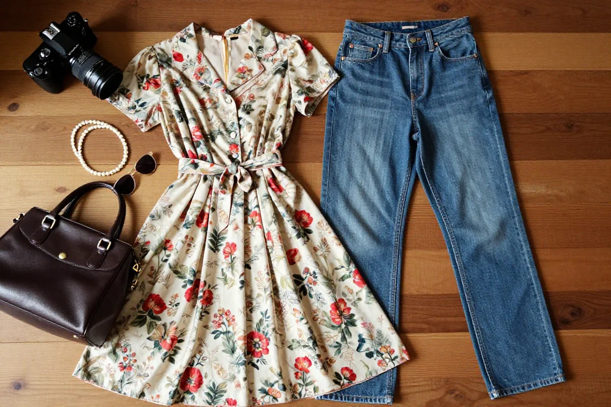 Stylizacja vintage z sukienką, dżinsami i dodatkami na drewnianej powierzchni.
