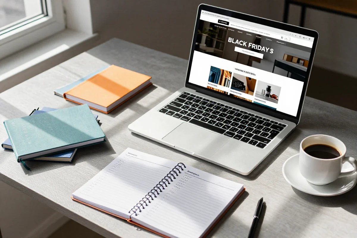 Przygotowania do Black Friday: organizowane biurko z laptopem i planem zakupów.