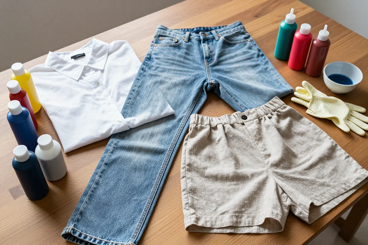 Przygotowanie ubrań do farbowania, różne tkaniny i akcesoria DIY na stole.