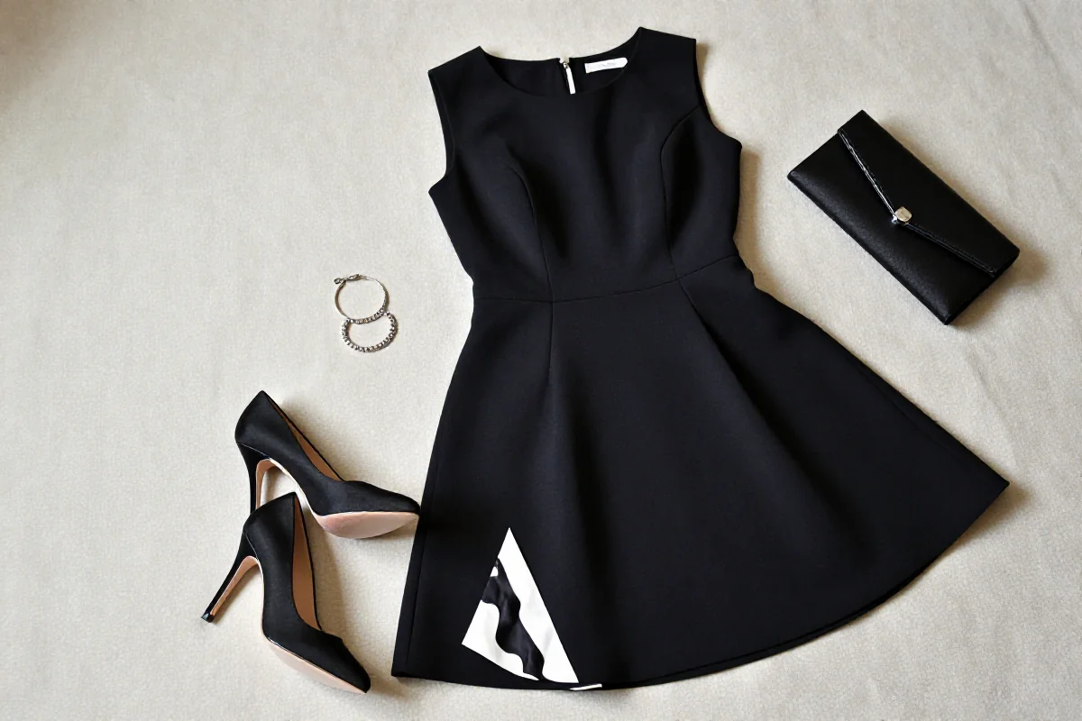 Stylowa stylizacja cocktail attire na tle miękkiego materiału.