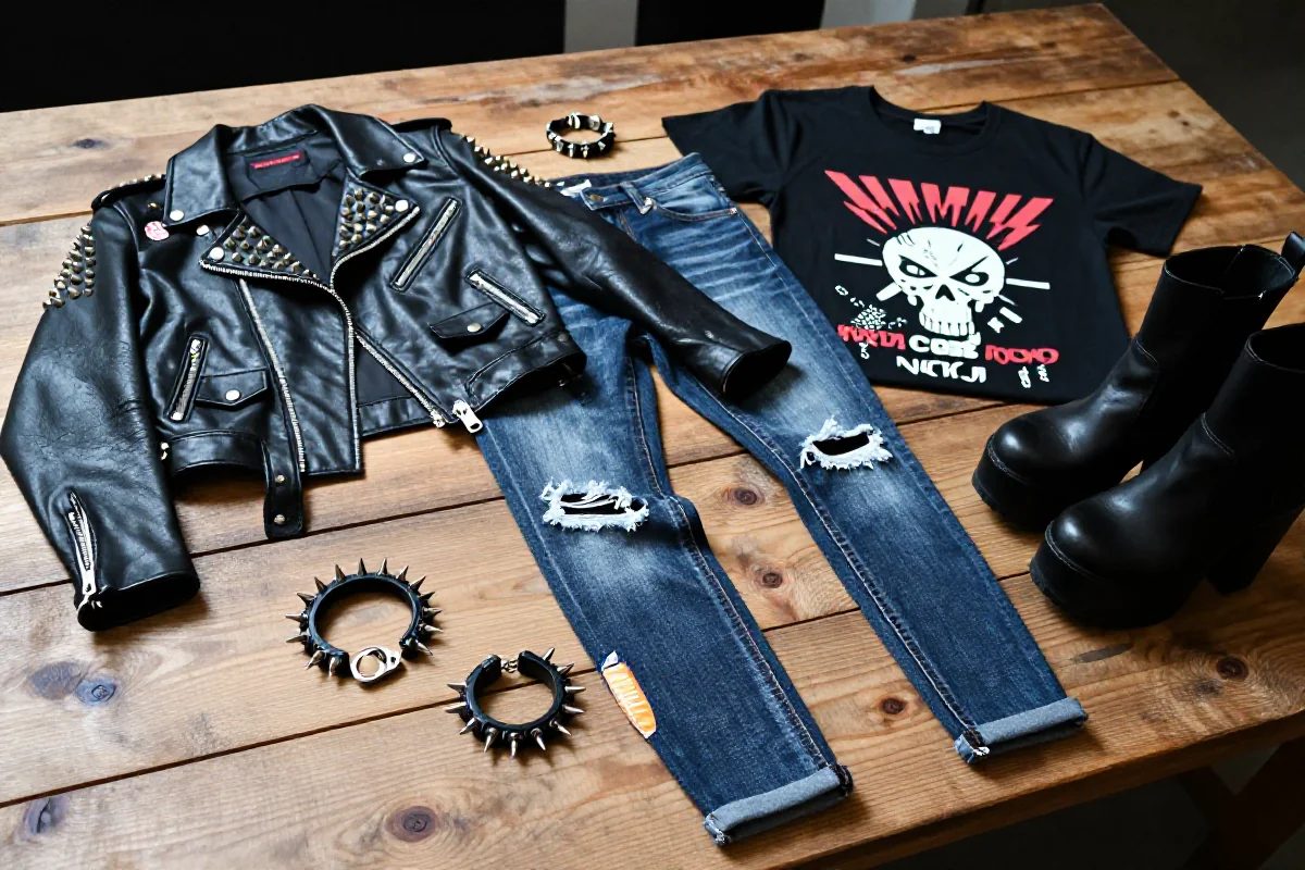 Moda punk rockowa: skórzana kurtka, przetarte jeansy, akcesoria i obuwie