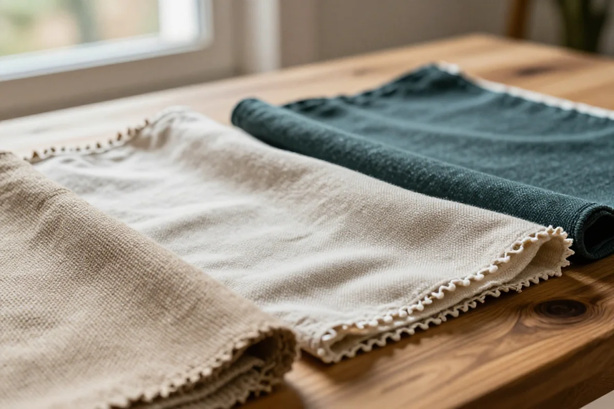 Zrównoważona moda: różne tkaniny ekologiczne na drewnianym stole.