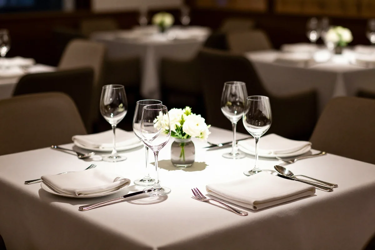 Elegancko nakryty stół w restauracji fine dining, idealny na romantyczną kolację.