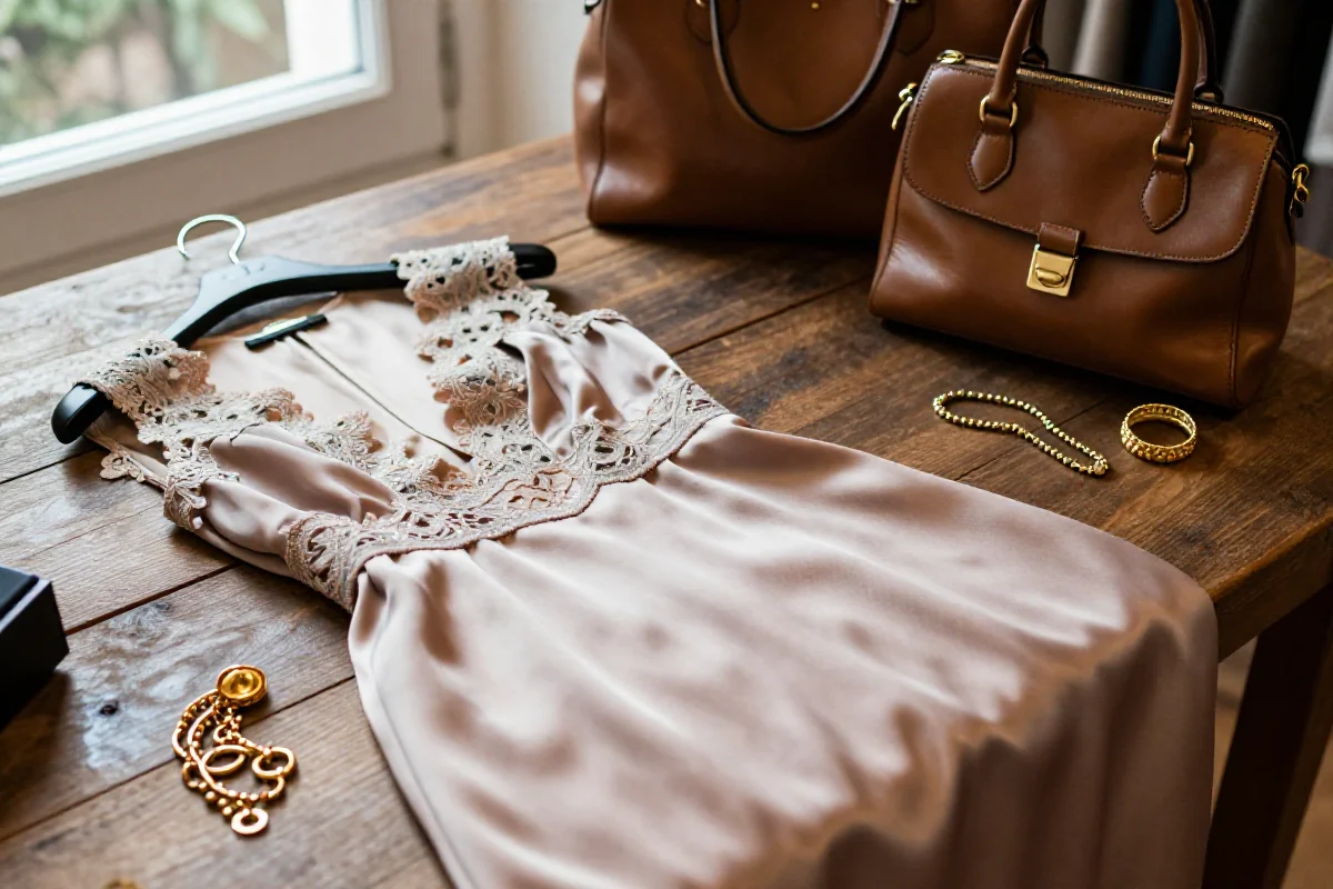 Elegancka odzież i akcesoria z drugiej ręki na drewnianym stole