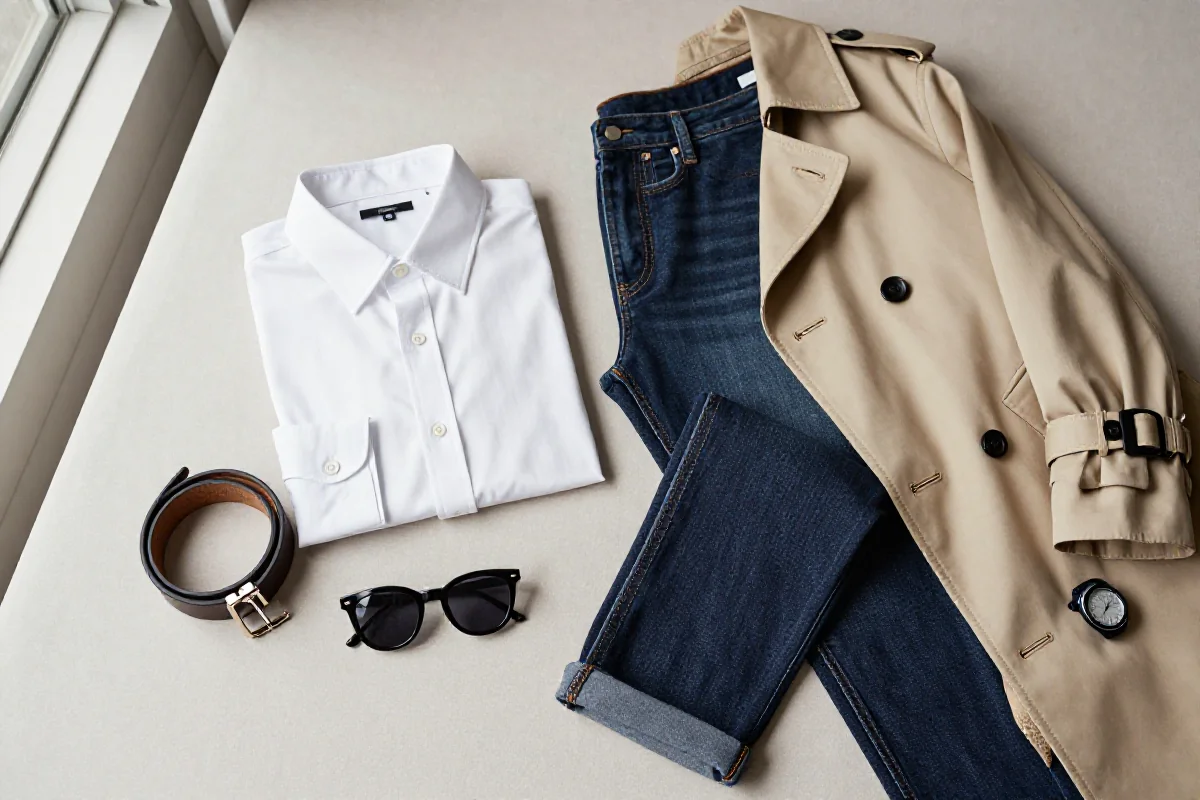 Stylowy zestaw ubrań i akcesoriów na tle neutralnego materiału