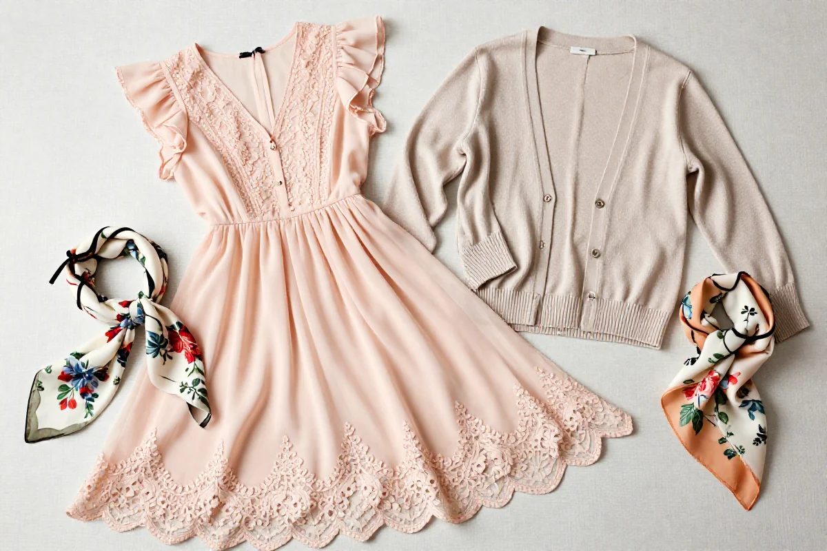 Romantyczna kapsuła garderoby z pastelowymi tkaninami i delikatnymi dodatkami.