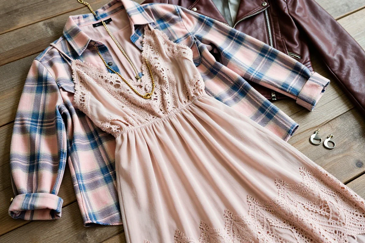 Stylizacja romantic grunge z pastelową sukienką, flanelową koszulą i delikatną biżuterią.
