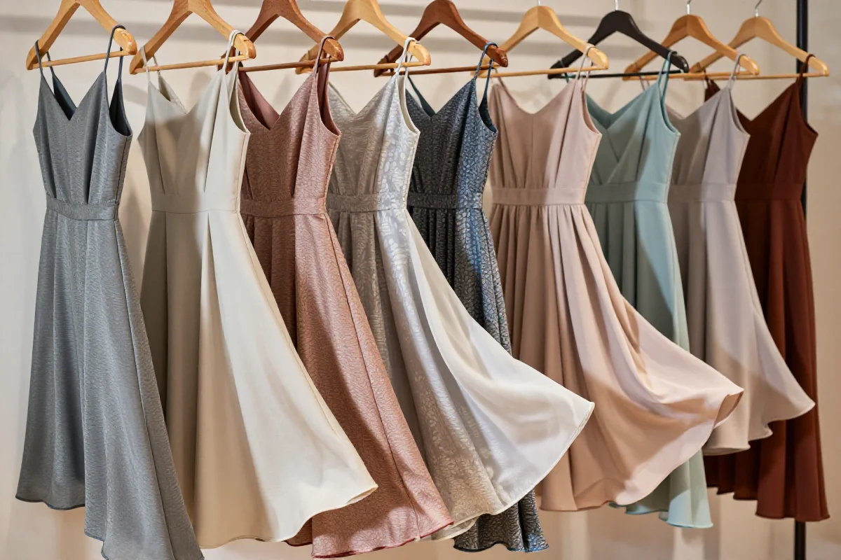 Kolekcja rozkloszowanych sukienek midi w różnych stylach i kolorach.