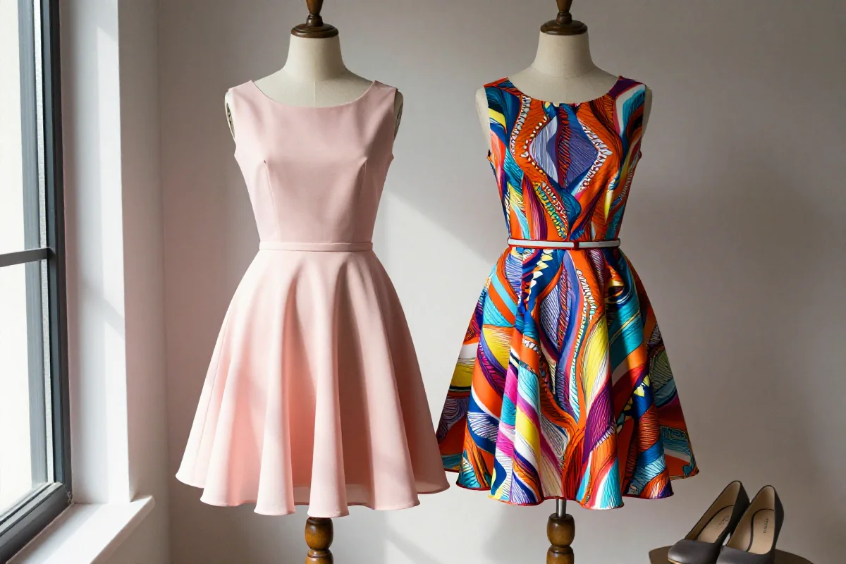 Mini sukienki rozkloszowane typu A i skater na drewnianym manekinie