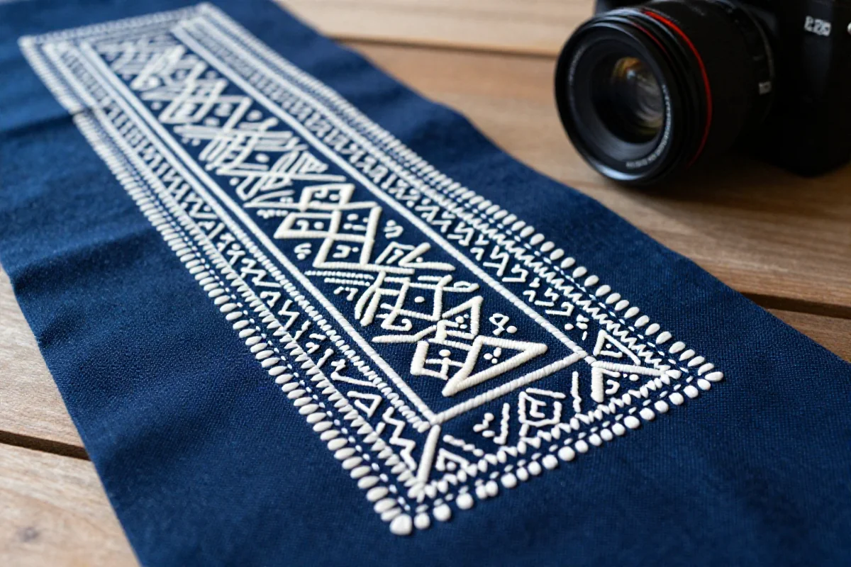 Sashiko z japońskim wzorem na bawełnianej tkaninie, skupienie na detalach cerowania.