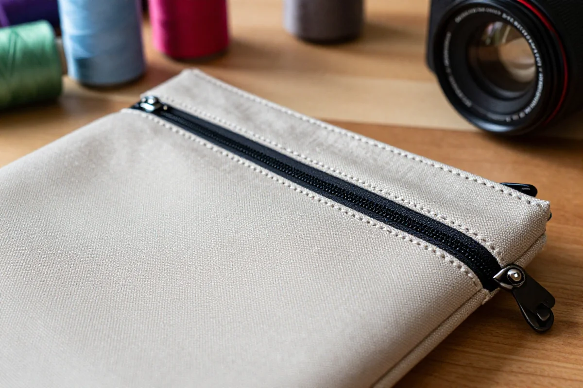 Saszetka z zamkiem na drewnianym stole, prezentująca detale szycia.