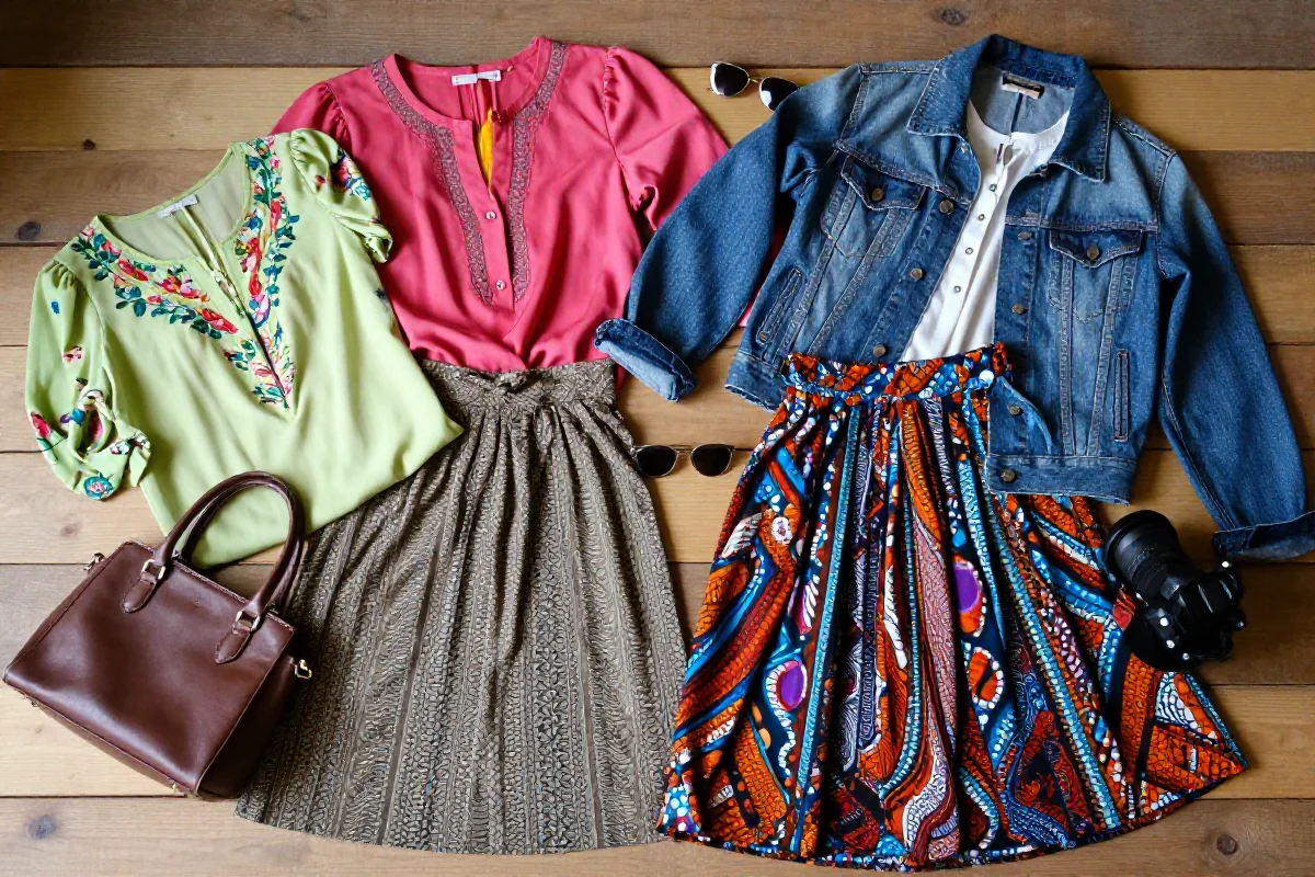 Stylowe ubrania vintage i z drugiej ręki na drewnianym tle