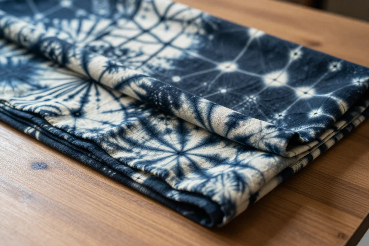 Tkanina z techniką shibori, z unikalnymi wzorami fałdowania i głębokimi kolorami.