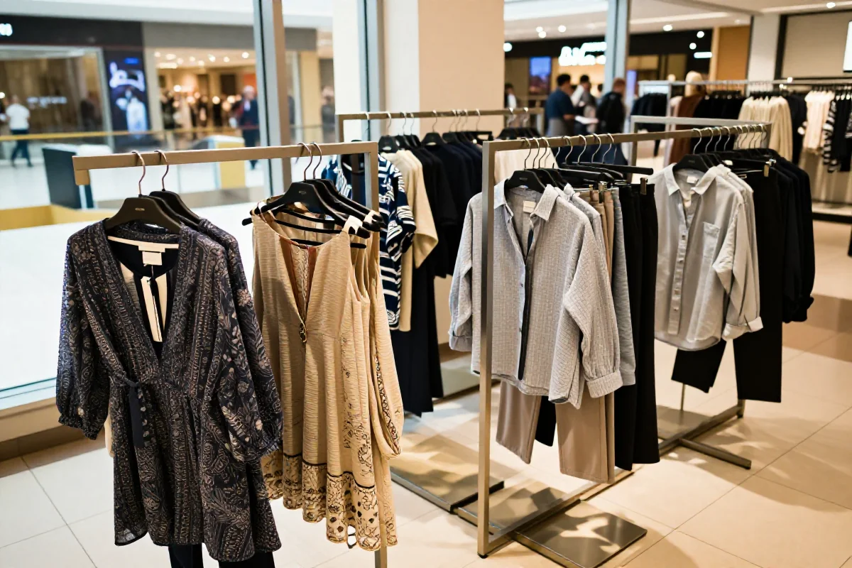 Stylowa ekspozycja odzieży w galerii handlowej, różnorodne tkaniny i detale.