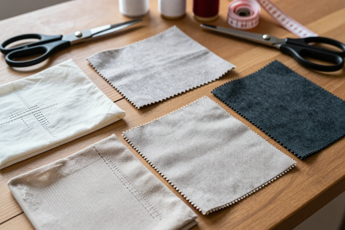 Próbki tkanin do skracania rękawów na drewnianym stole