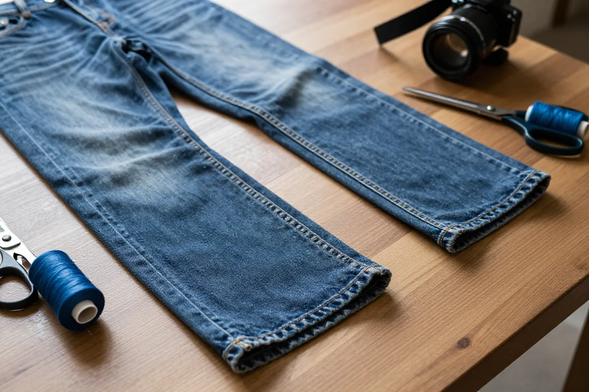 Skracanie spodni: blisko zdjęcie dżinsów z oryginalnym rąbkiem na stole.