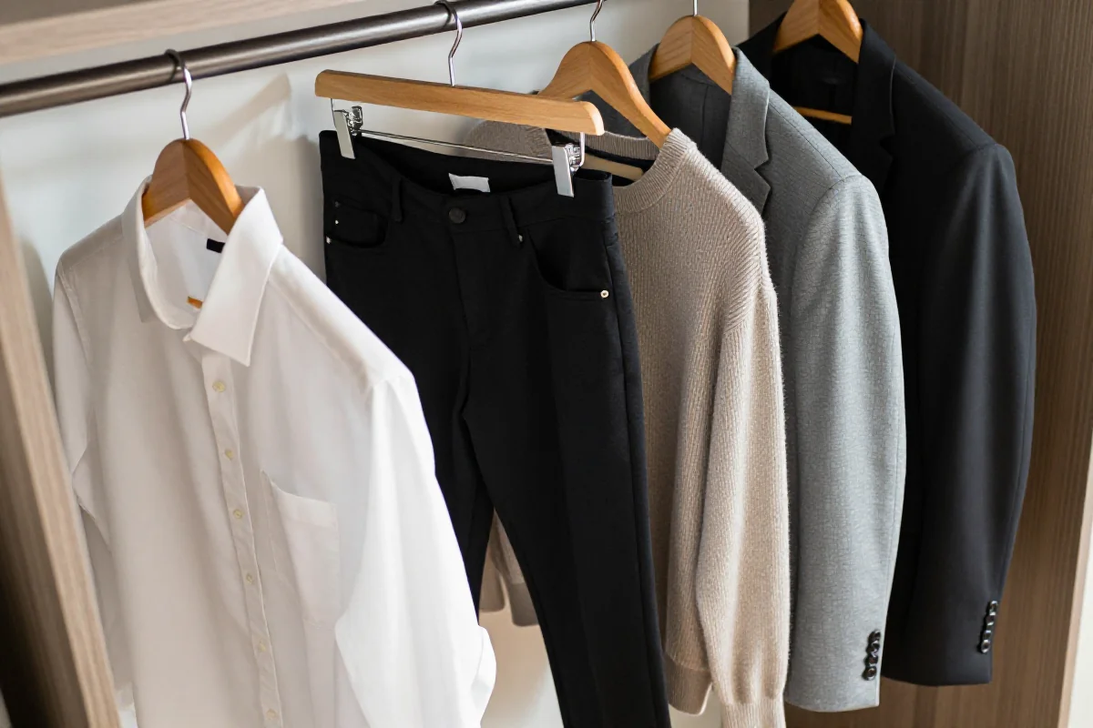 Stylowa garderoba kapsułowa z podstawowymi elementami odzieży w neutralnych kolorach.