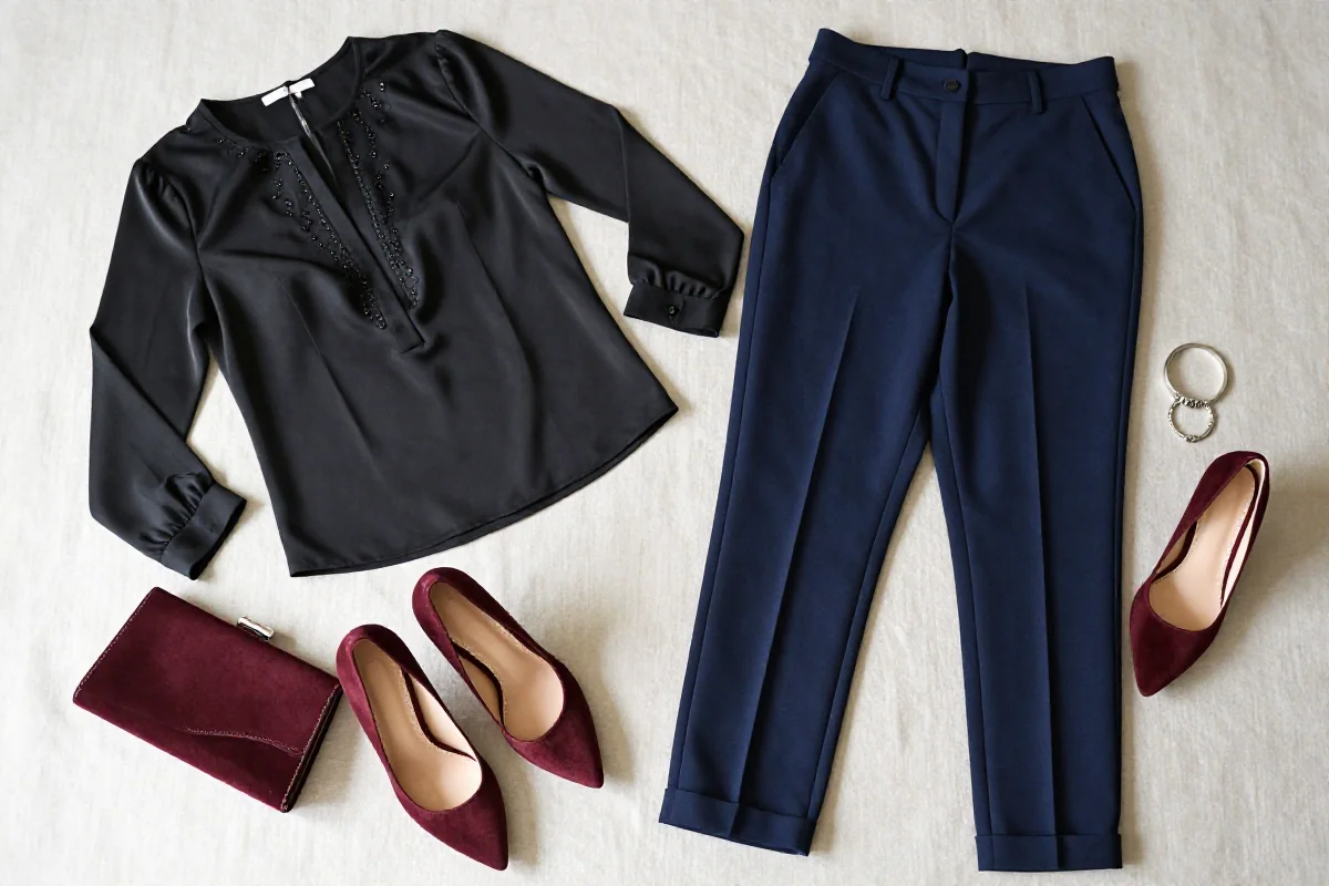 Stylowy outfit smart casual na wieczorne wyjście z jedwabną bluzką i eleganckimi spodniami.