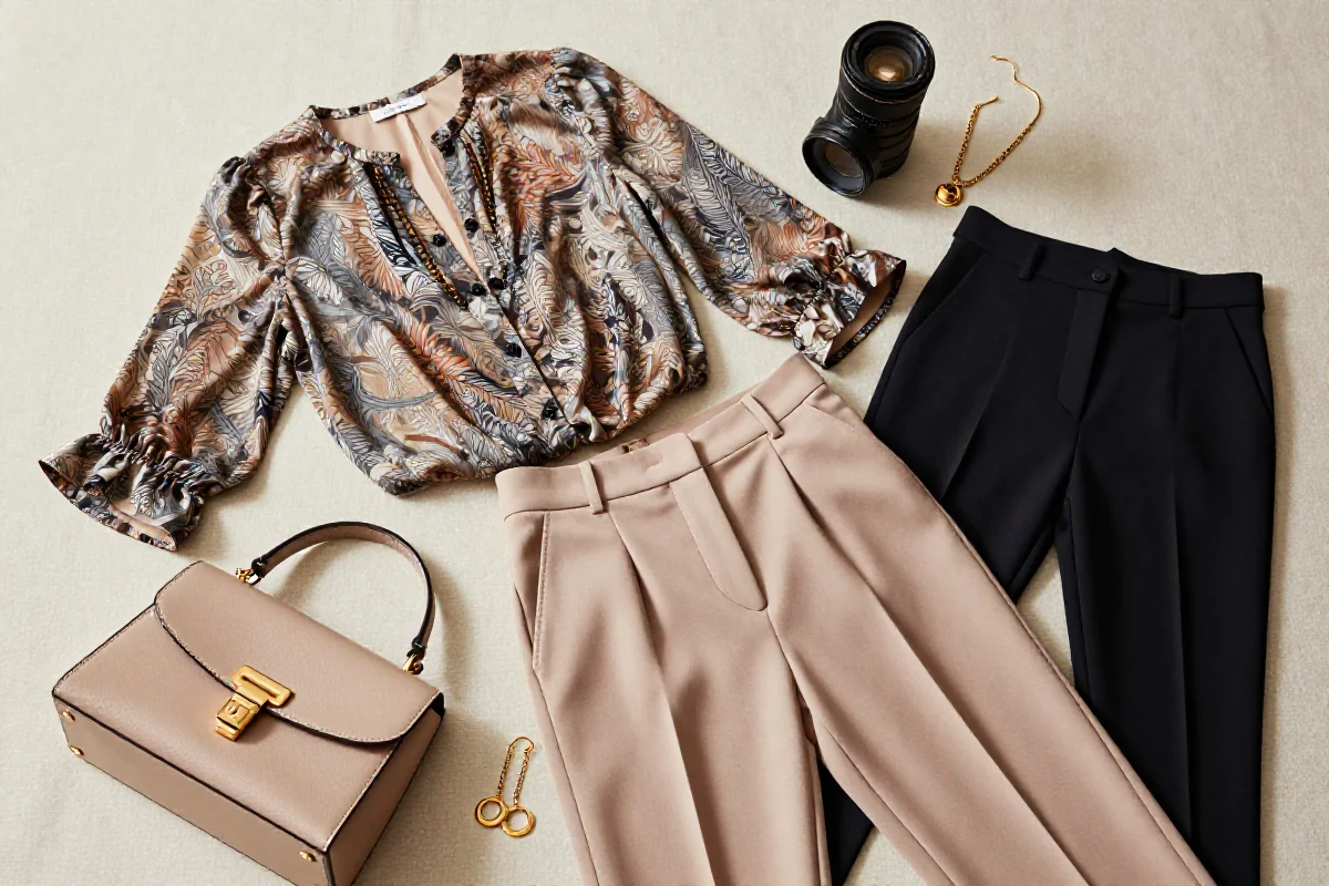 Stylowe ubrania i akcesoria w układzie płaskim, idealne do zakupów online.