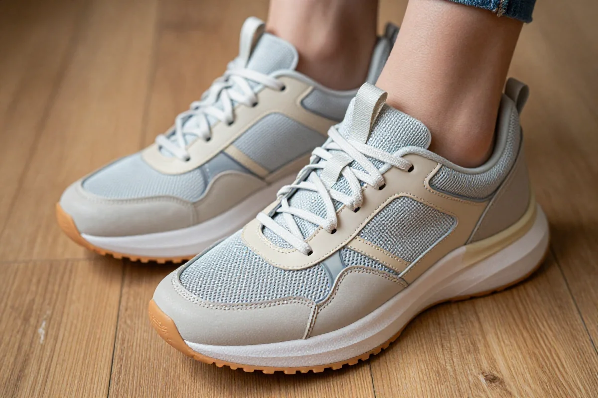 Stylowe sneakersy damskie na drewnianej powierzchni, modne obuwie sportowe.