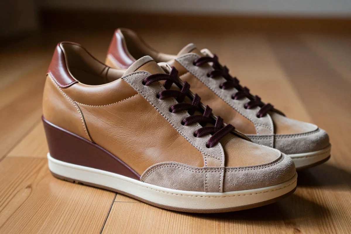 Stylowe sneakersy na koturnie na drewnianej podłodze, ukazujące teksturę materiałów.