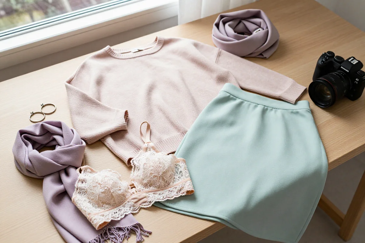 Stylizacja soft grunge z pastelowymi ubraniami i delikatnymi dodatkami.