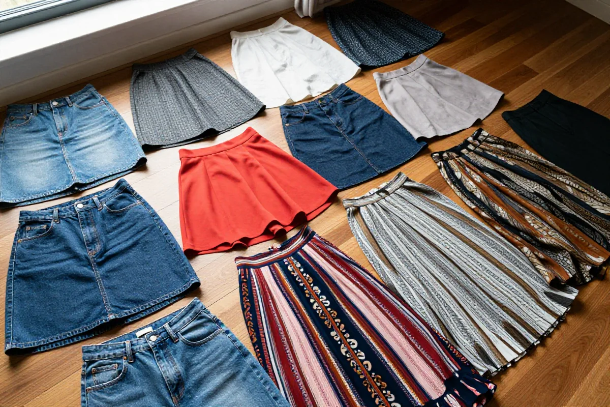 Kolekcja różnych spódnic damskich na drewnianej powierzchni, różnorodne tkaniny i style.