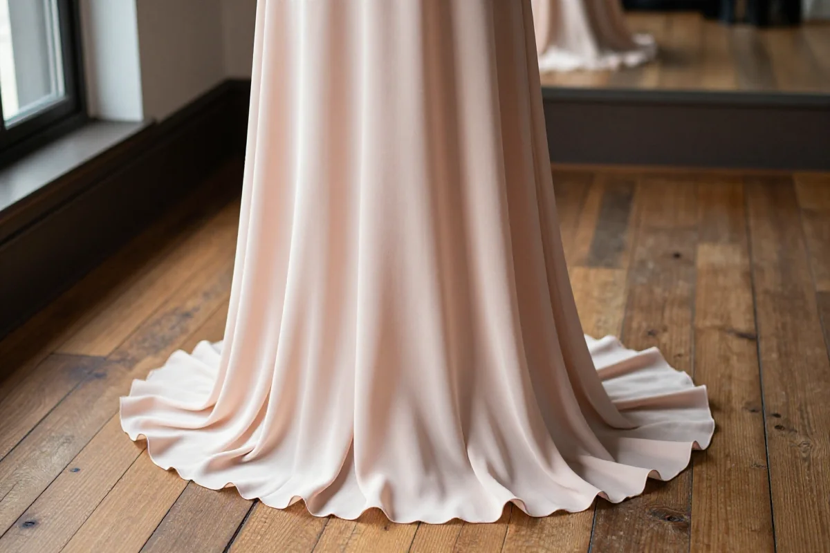 Długa spódnica maxi w pastelowym kolorze na drewnianej podłodze