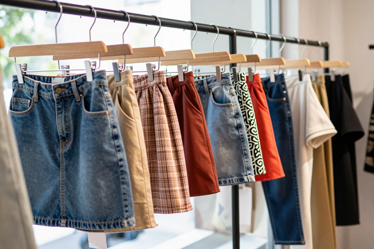 Różnorodne spódnice mini na wieszaku w jasnym butiku.