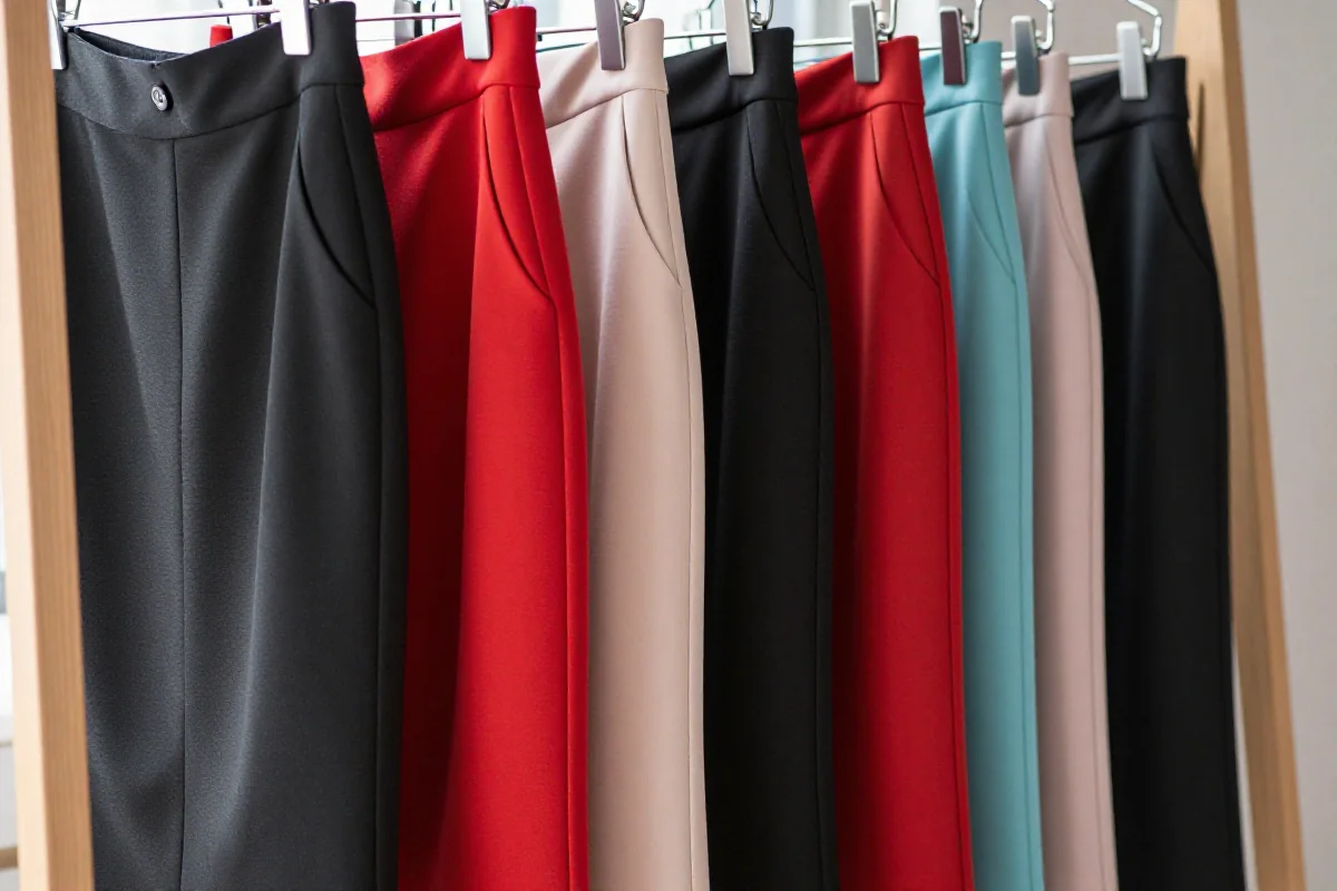 Zbiór spódnic ołówkowych w różnych kolorach i teksturach na drewnianym wieszaku.