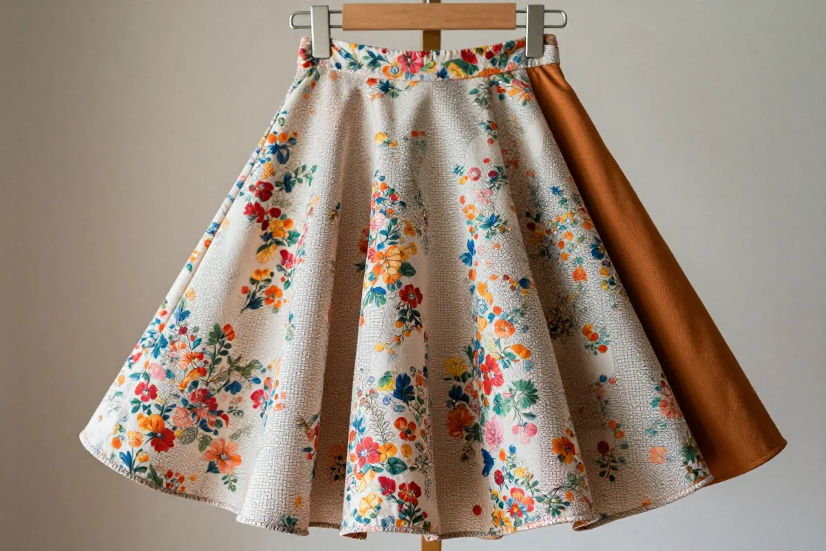 Rozkloszowane spódnice A-line i koło na wieszaku, różne tkaniny.