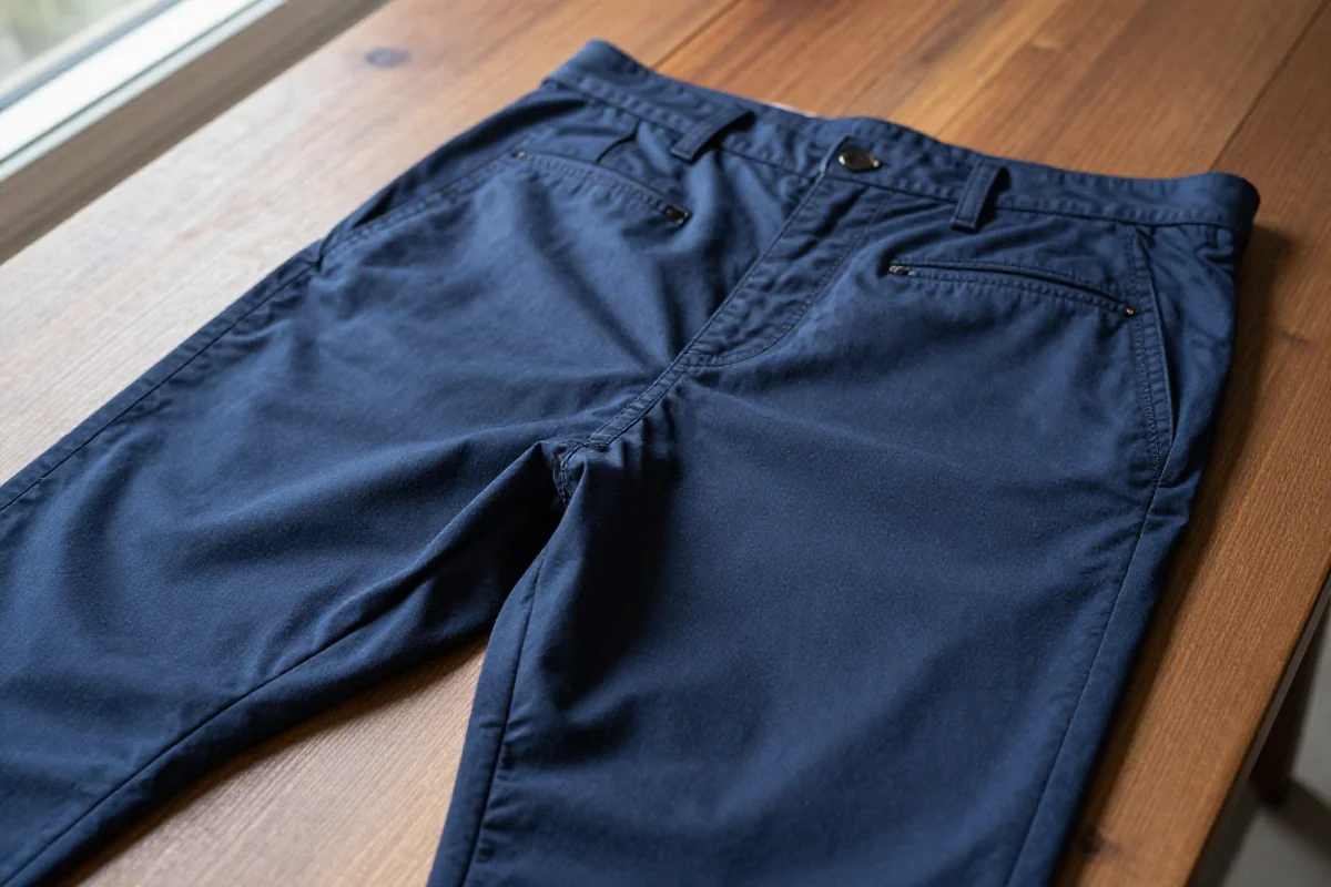 Chino casualowe spodnie na drewnianym stole, podkreślające ich gładki materiał.