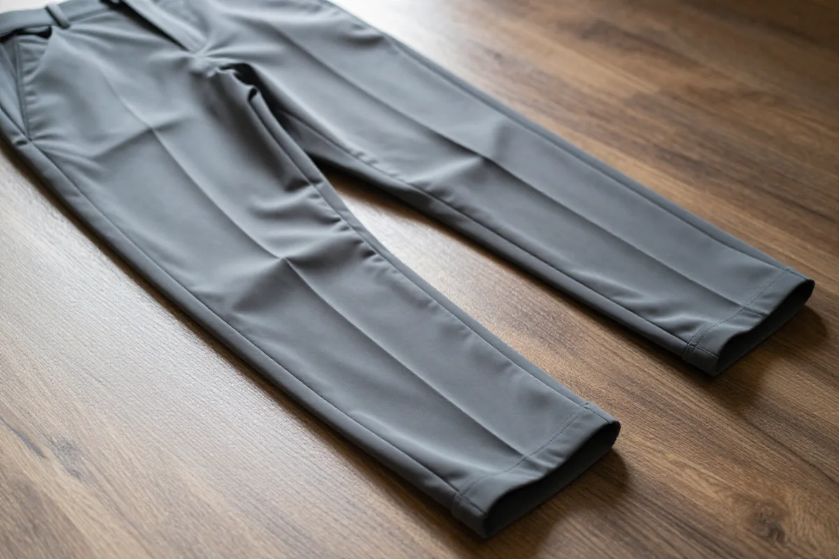 Stylowe spodnie cygaretki 7/8 na drewnianym tle, podkreślające elegancję mody.