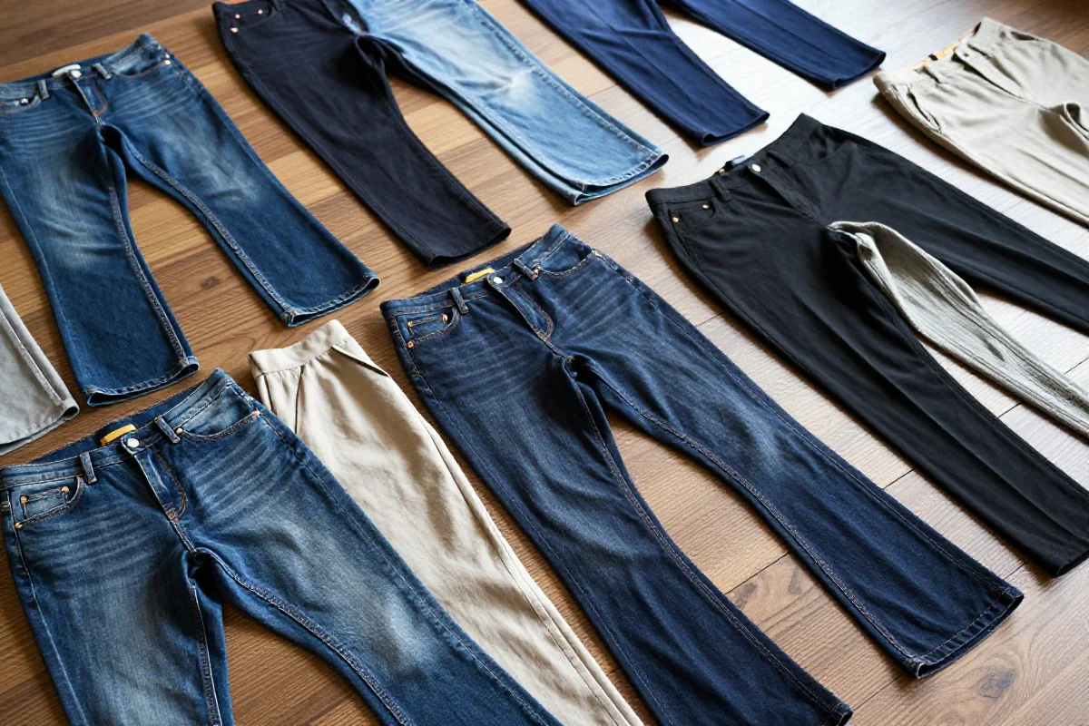 Różne modele spodni damskich na drewnianej powierzchni, pokazujące bogactwo tkanin.