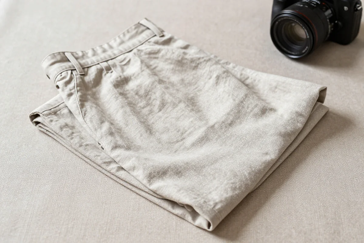 Lniane spodnie na tle neutralnego materiału, idealne na lato.