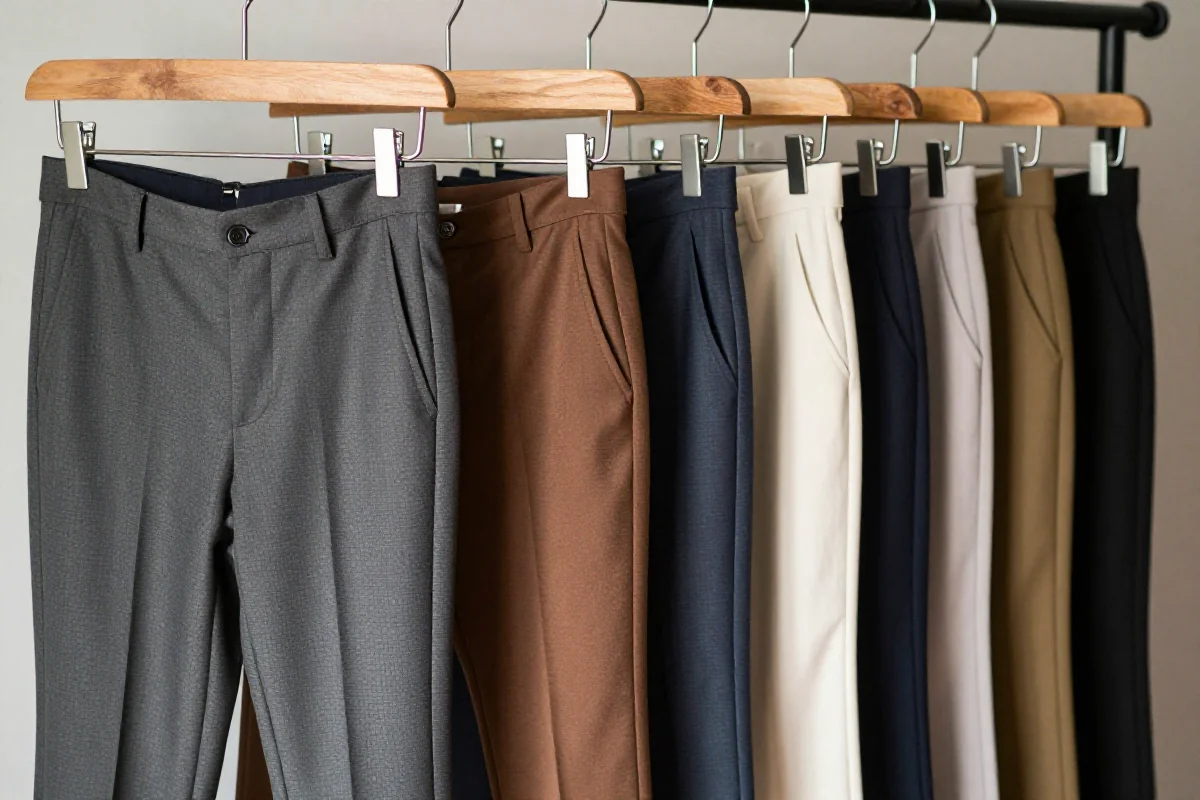 Eleganckie spodnie materiałowe w różnych tkaninach na wieszaku.