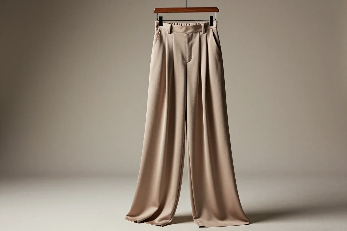 Eleganckie spodnie palazzo na wieszaku, podkreślające ich szerokie nogawki.