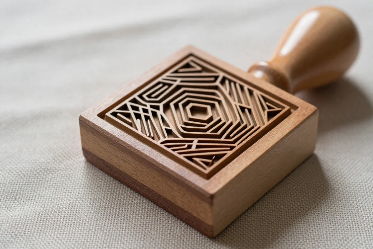 Ręcznie wykonany stempel DIY na tle naturalnej tkaniny.