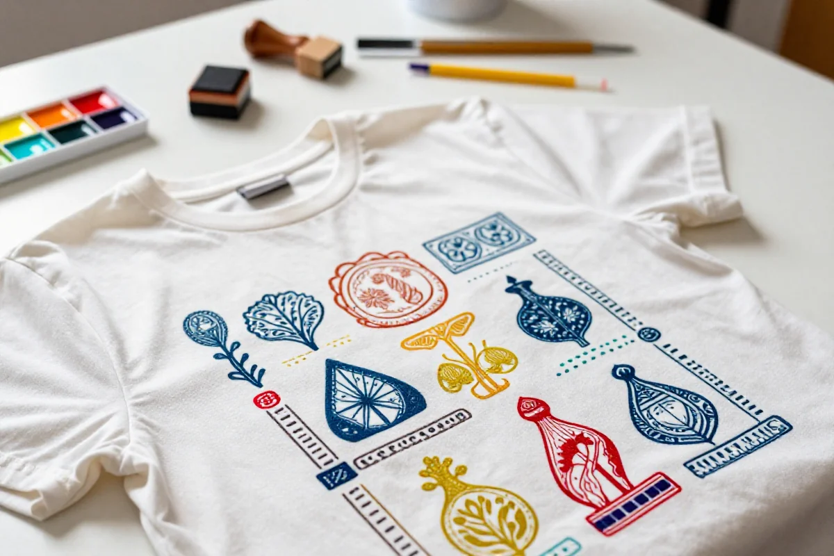 Koszulka z wzorami stemplowanymi, farby do tkanin i narzędzia DIY.