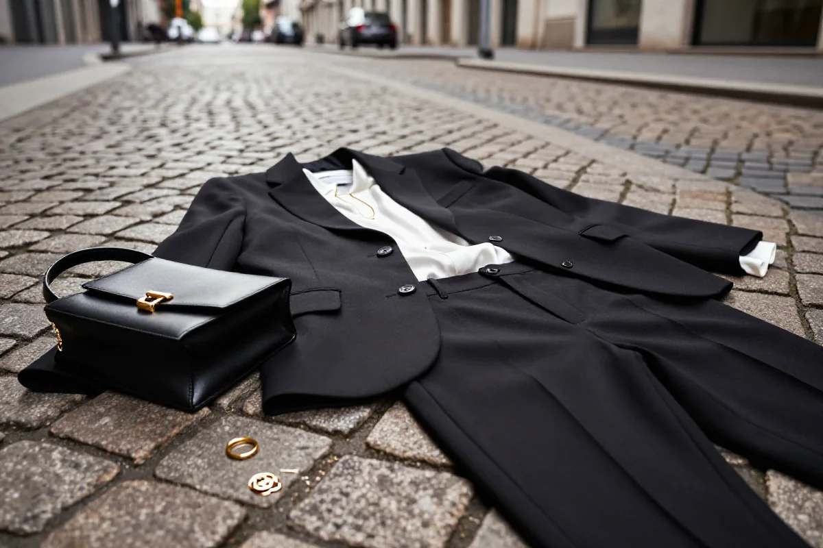 Elegancka stylizacja uliczna w Mediolanie z czarnym żakietem i skórzaną torebką.