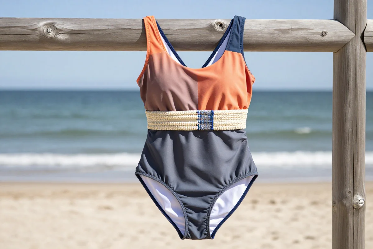 Stylowy strój kąpielowy jednoczęściowy na tle plaży i morza.