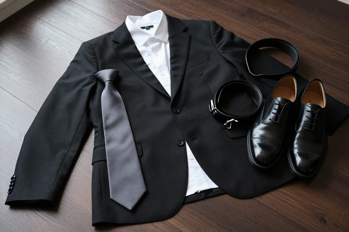 Elegancki strój żałobny: czarna marynarka, biała koszula, granatowy krawat.