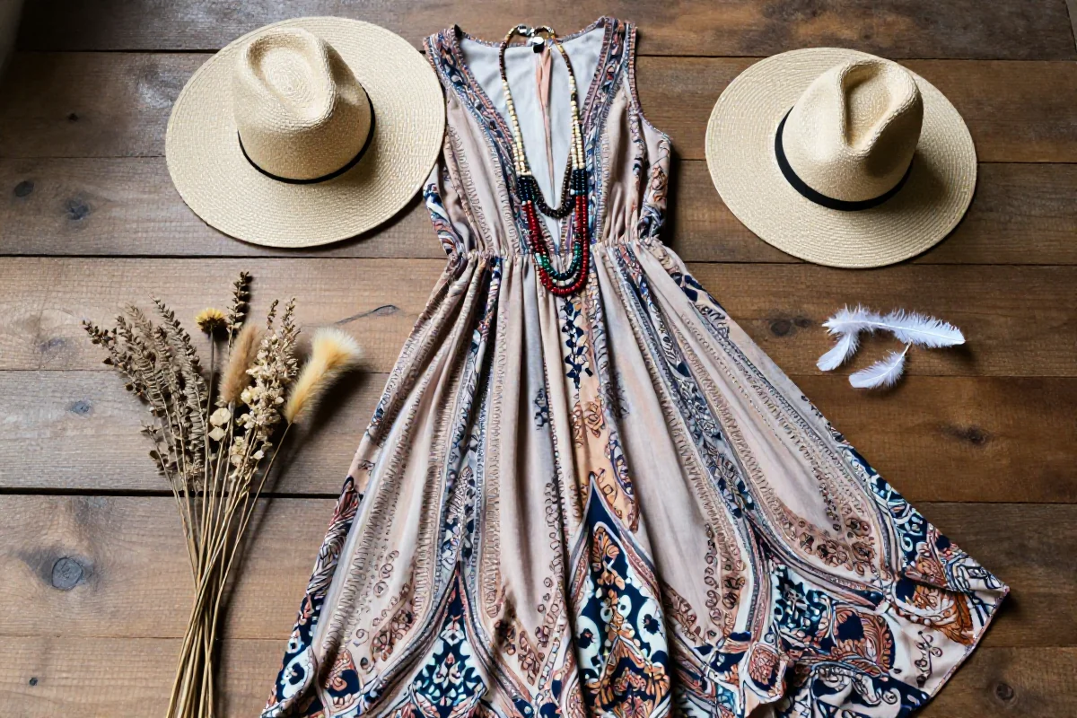 Styl boho z maxi sukienką, biżuterią i naturalnymi akcentami.